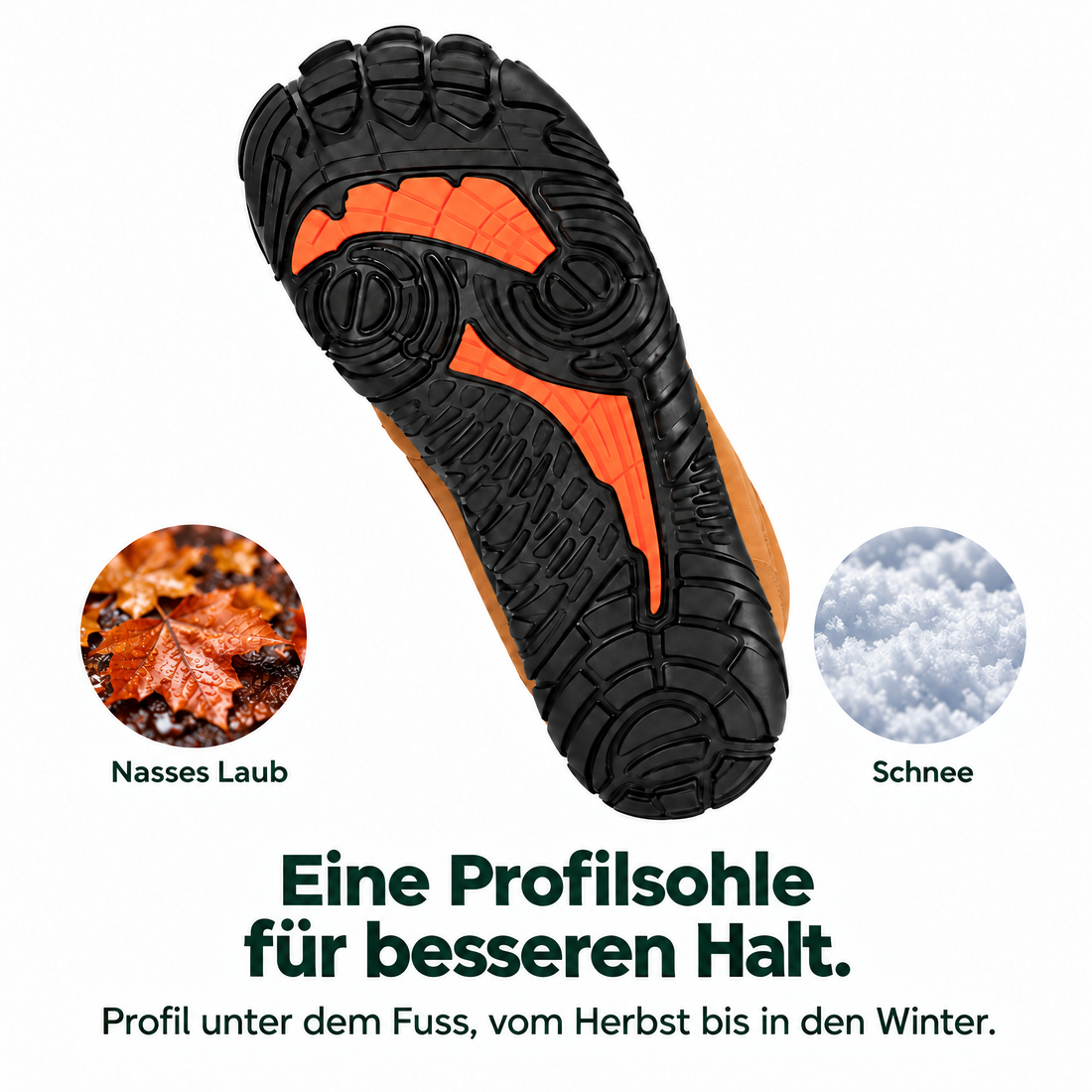 Profilsohle für besseren Halt auf nassem Laub und Schnee